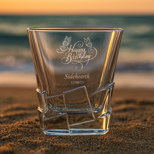Custom engraved birthday whiskey glass with Happy Birthday design, personalized with name Siddharth and date, 310ml crystal tumbler – unique gift for him on all occasions