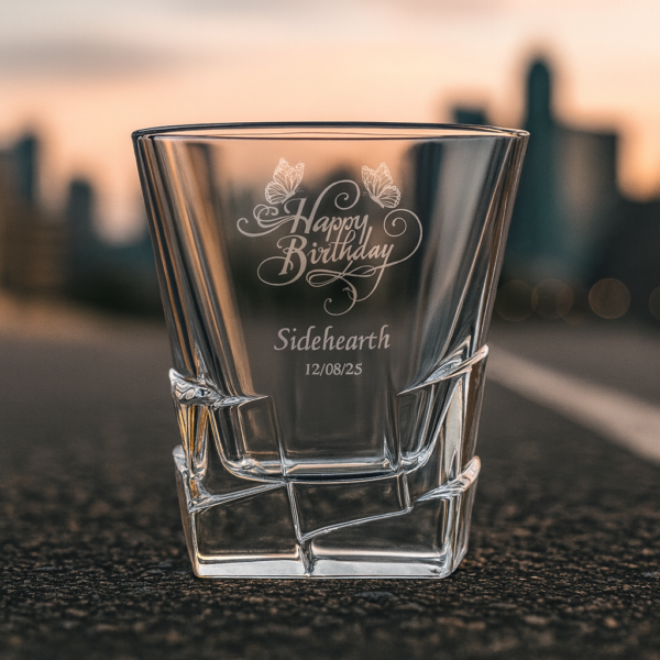 Custom engraved birthday whiskey glass with Happy Birthday design, personalized with name Siddharth and date, 310ml crystal tumbler – unique gift for him on all occasions