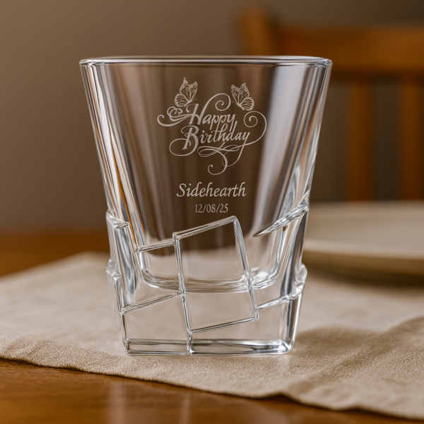 Custom engraved birthday whiskey glass with Happy Birthday design, personalized with name Siddharth and date, 310ml crystal tumbler – unique gift for him on all occasions