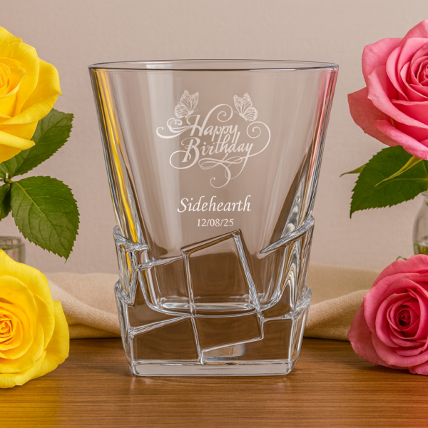 Custom engraved birthday whiskey glass with Happy Birthday design, personalized with name Siddharth and date, 310ml crystal tumbler – unique gift for him on all occasions