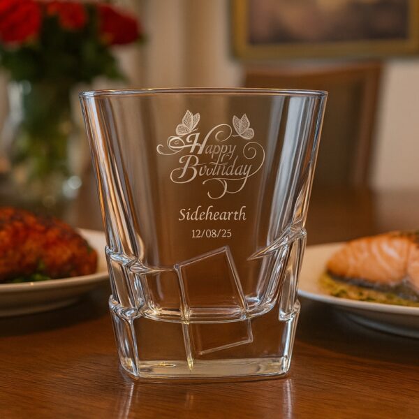 Custom engraved birthday whiskey glass with Happy Birthday design, personalized with name Siddharth and date, 310ml crystal tumbler – unique gift for him on all occasions