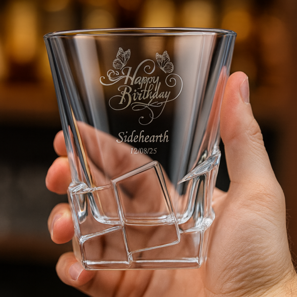 Custom engraved birthday whiskey glass with Happy Birthday design, personalized with name Siddharth and date, 310ml crystal tumbler – unique gift for him on all occasions