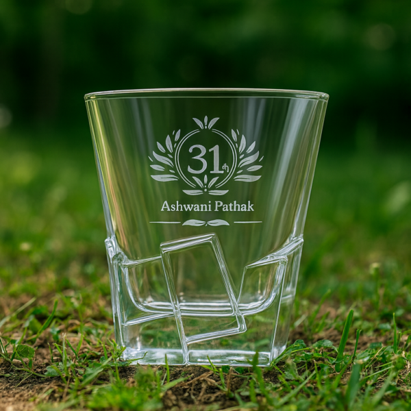 Personalized engraved whiskey glass with crystal-cut twisted base, 310ml – deep-etched with “31th” design and custom name Ashwani Pathak – premium barware tumbler gift for dad, husband, boss – birthday, wedding, retirement, Father’s Day