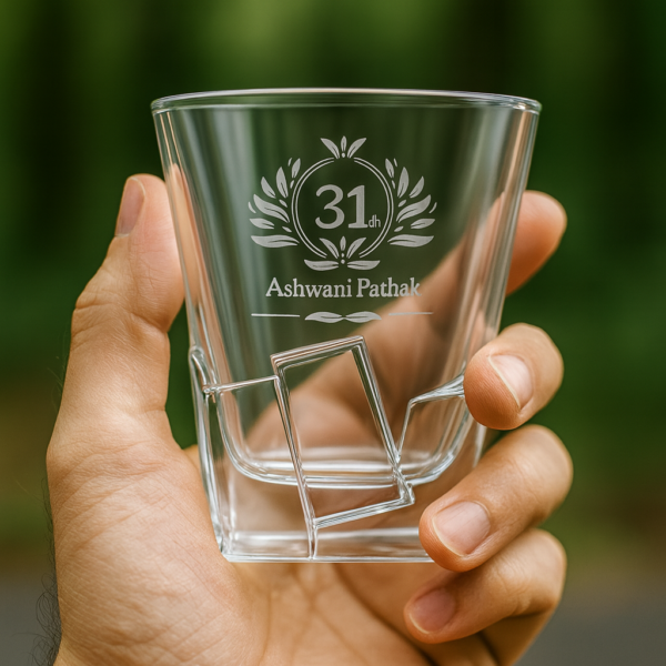 Personalized engraved whiskey glass with crystal-cut twisted base, 310ml – deep-etched with “31th” design and custom name Ashwani Pathak – premium barware tumbler gift for dad, husband, boss – birthday, wedding, retirement, Father’s Day