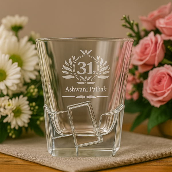 Personalized engraved whiskey glass with crystal-cut twisted base, 310ml – deep-etched with “31th” design and custom name Ashwani Pathak – premium barware tumbler gift for dad, husband, boss – birthday, wedding, retirement, Father’s Day