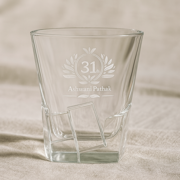 Personalized engraved whiskey glass with crystal-cut twisted base, 310ml – deep-etched with “31th” design and custom name Ashwani Pathak – premium barware tumbler gift for dad, husband, boss – birthday, wedding, retirement, Father’s Day
