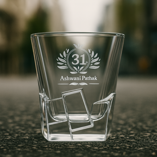 Personalized engraved whiskey glass with crystal-cut twisted base, 310ml – deep-etched with “31th” design and custom name Ashwani Pathak – premium barware tumbler gift for dad, husband, boss – birthday, wedding, retirement, Father’s Day