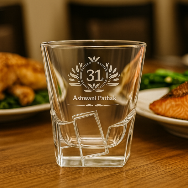 Personalized engraved whiskey glass with crystal-cut twisted base, 310ml – deep-etched with “31th” design and custom name Ashwani Pathak – premium barware tumbler gift for dad, husband, boss – birthday, wedding, retirement, Father’s Day