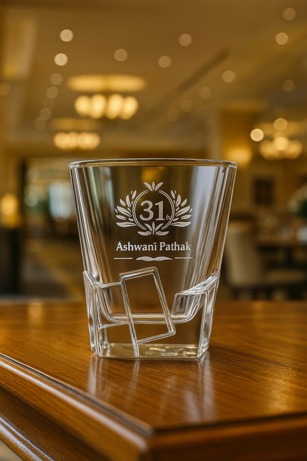 Personalized engraved whiskey glass with crystal-cut twisted base, 310ml – deep-etched with “31th” design and custom name Ashwani Pathak – premium barware tumbler gift for dad, husband, boss – birthday, wedding, retirement, Father’s Day